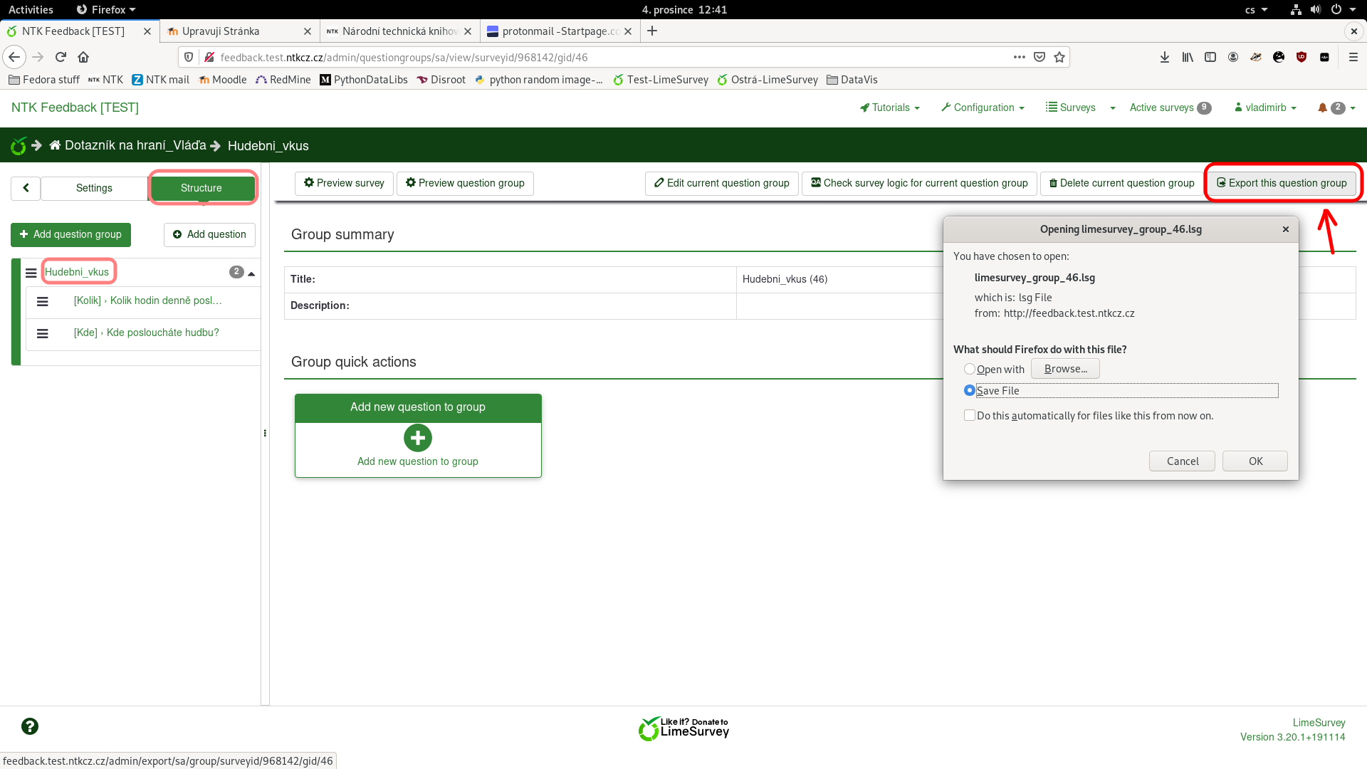 Export skupiny otázek-LimeSurvey