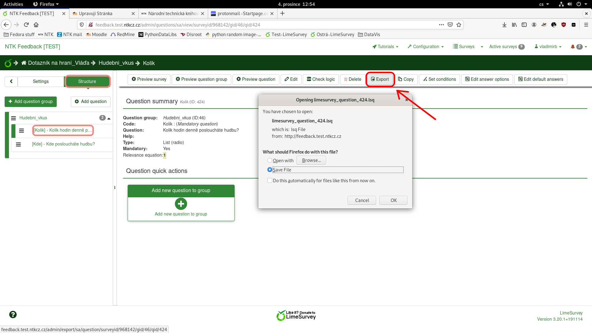 Export jedné otázky-LimeSurvey
